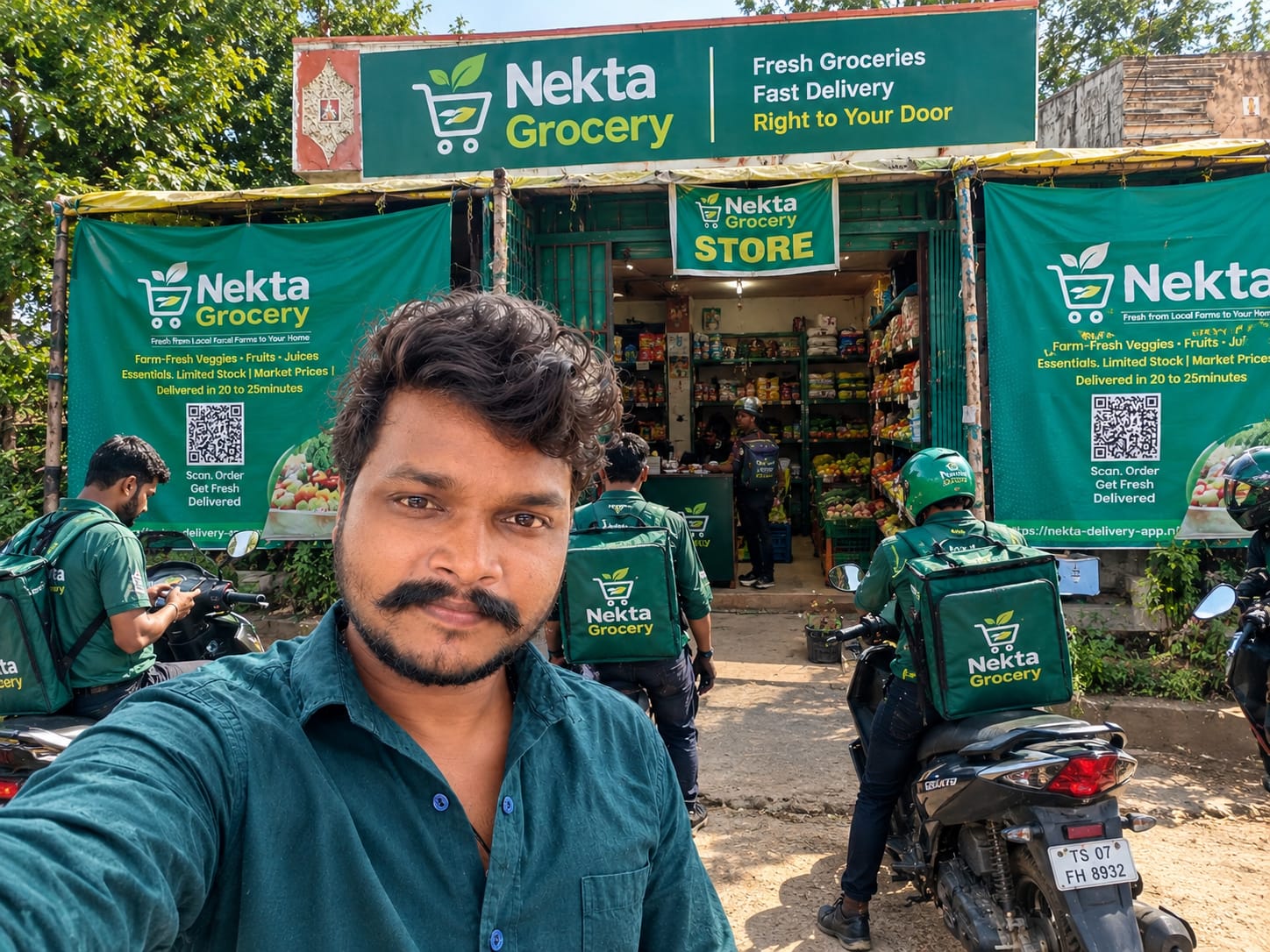 Vijay Mysa with Nekta Grocery riders and store team in Kothagudem